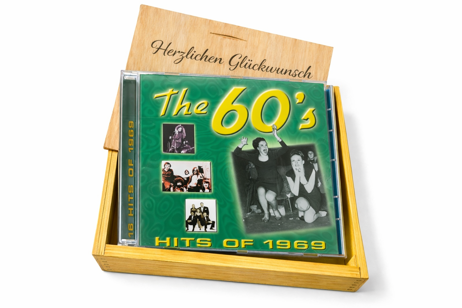CD 1969 Musik Hits in Holzkiste mit Wunsch-Gravur