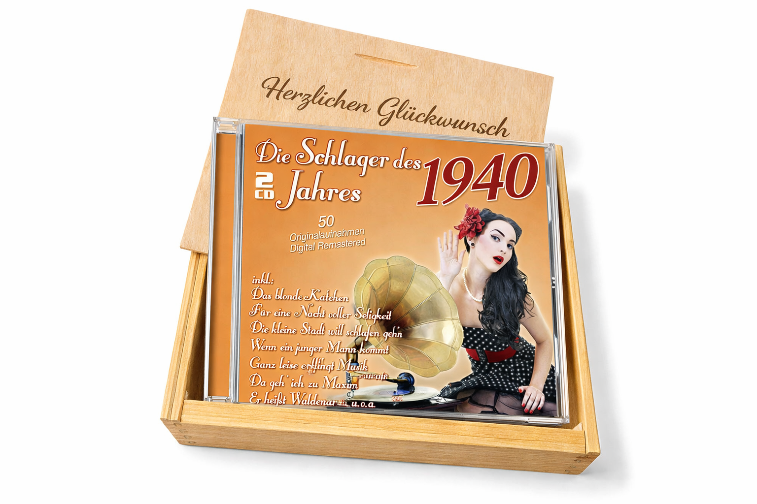 CD 1940 Schlager in Holzkiste mit Wunsch-Gravur