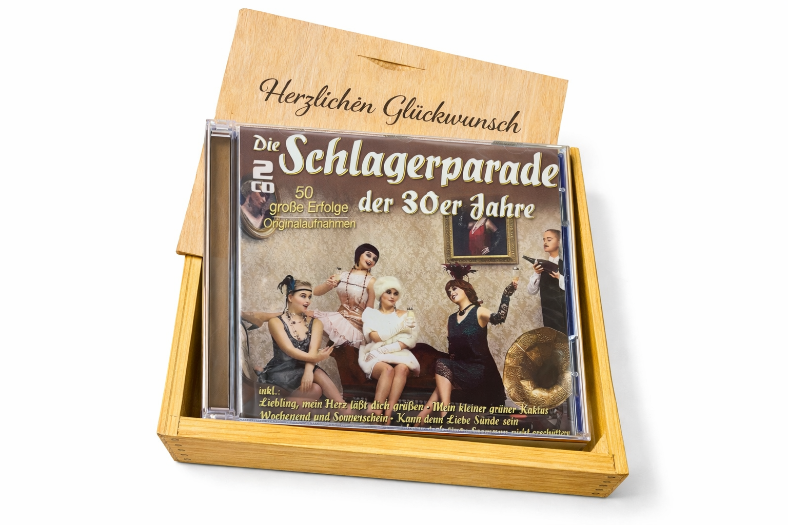 CD der 30er Jahre Schlager in Holzkiste mit Wunsch-Gravur