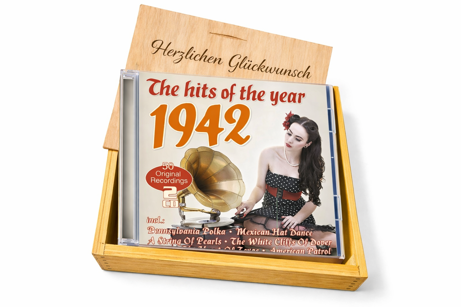 CD 1942 Musik Hits in Holzkiste mit Wunsch-Gravur