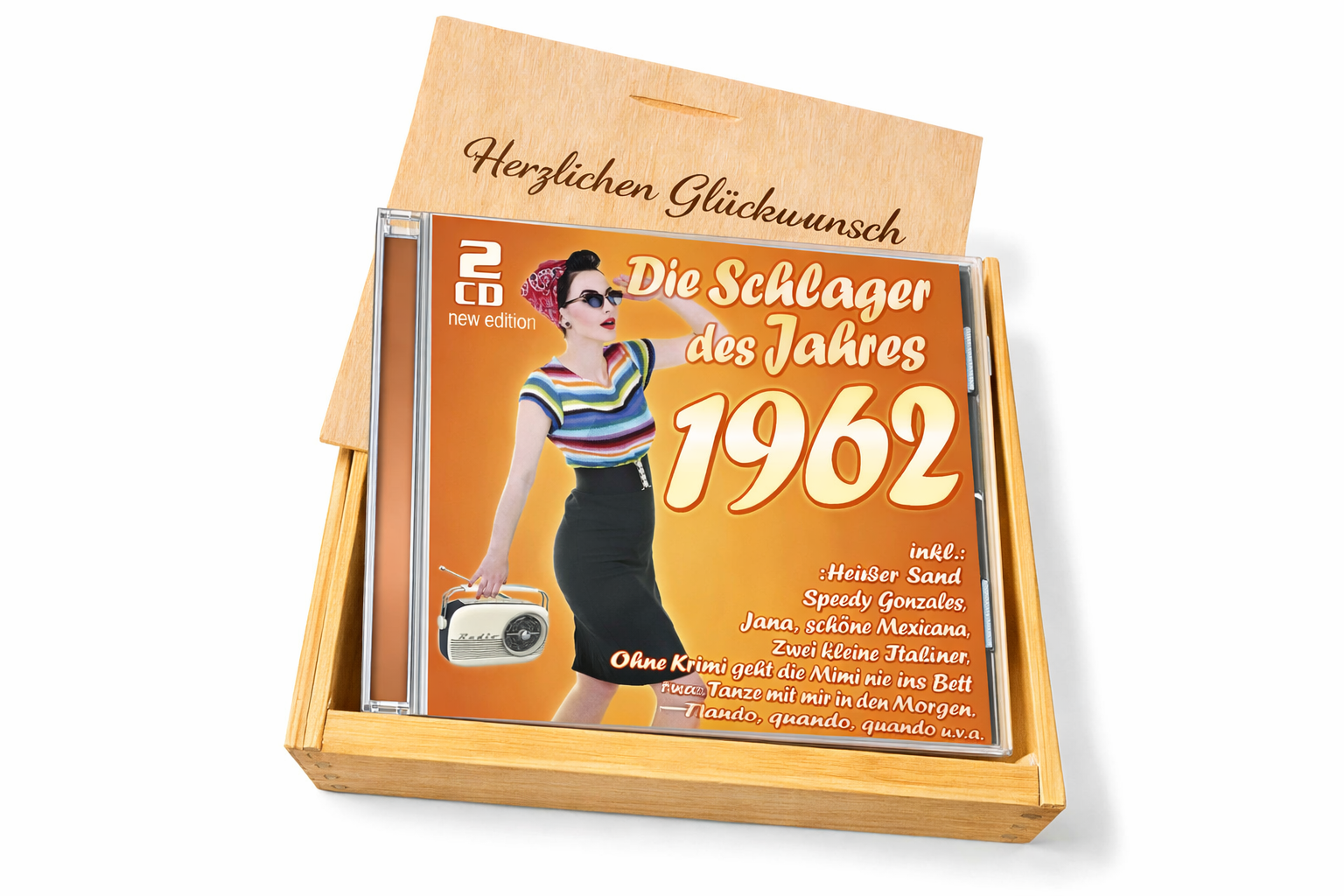 CD 1962 Schlager in Holzkiste mit Wunsch-Gravur