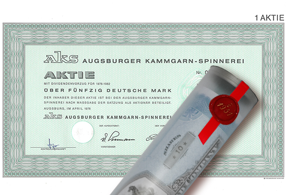 Aktie 1976 AKS KAMMGARN AUGSBURG in Geschenkrolle