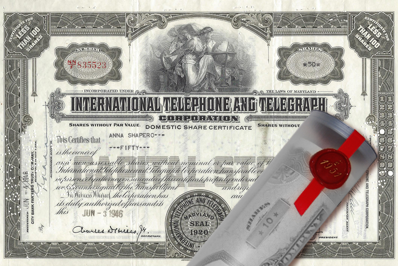 Aktie 1946 INTERNATIONAL TELEPHONE in Geschenkrolle