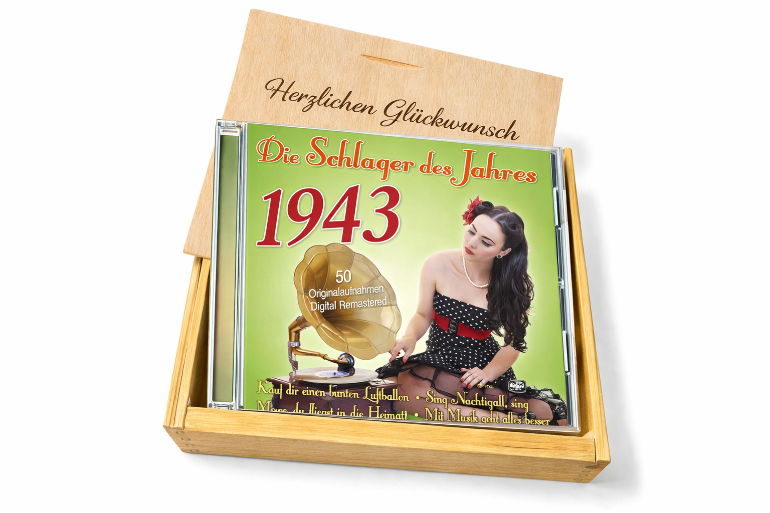 CD 1943 Schlager in Holzkiste mit Wunsch-Gravur