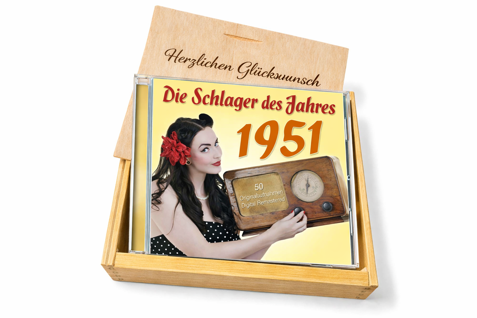 CD 1951 Schlager in Holzkiste mit Wunsch-Gravur