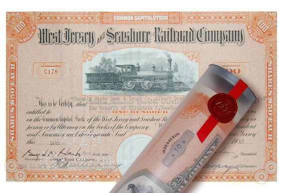 Aktie 1949 WEST JERSEY RAILROAD in Geschenkrolle