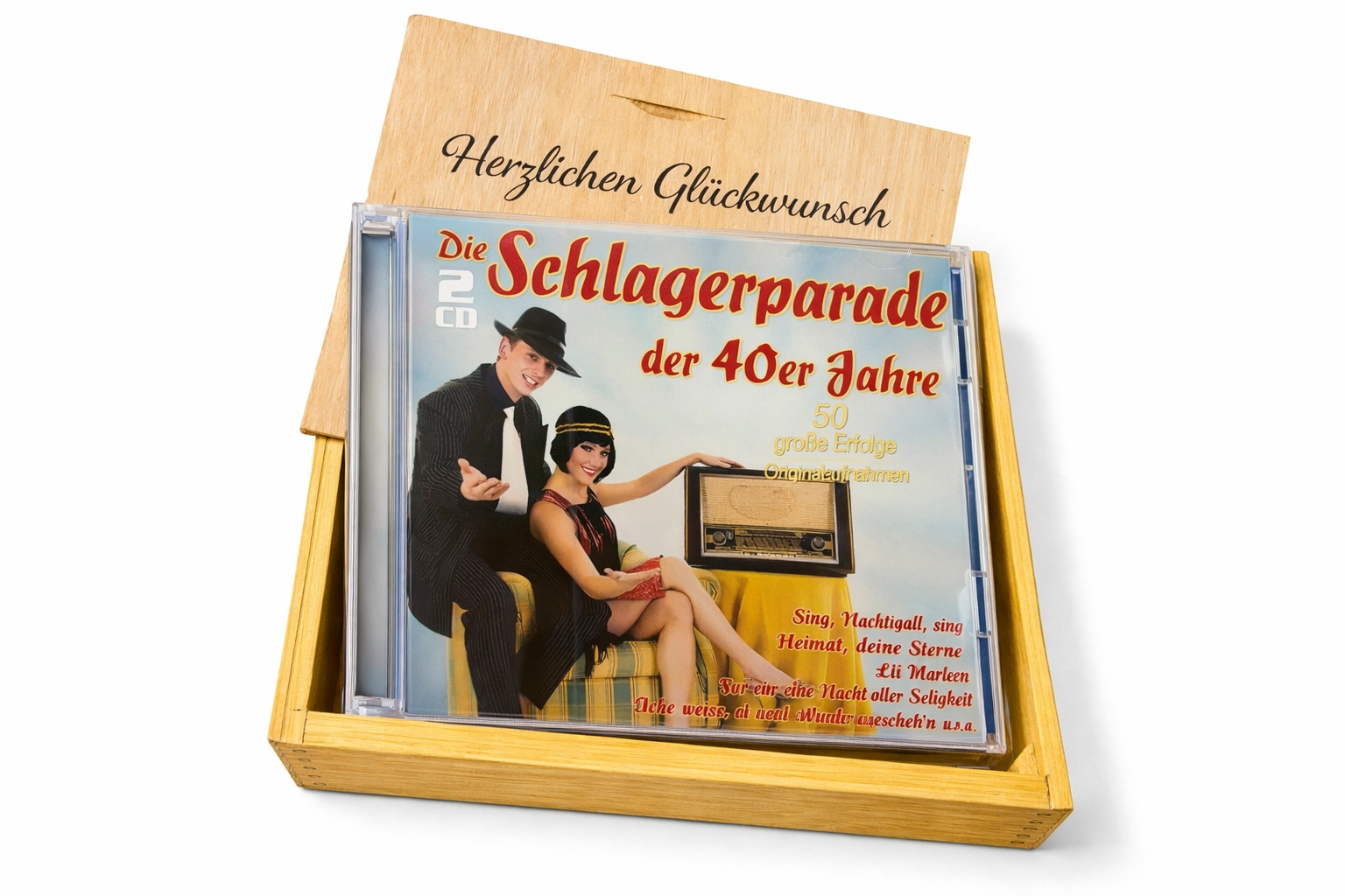 CD der 40er Jahre Schlager in Holzkiste mit Wunsch-Gravur