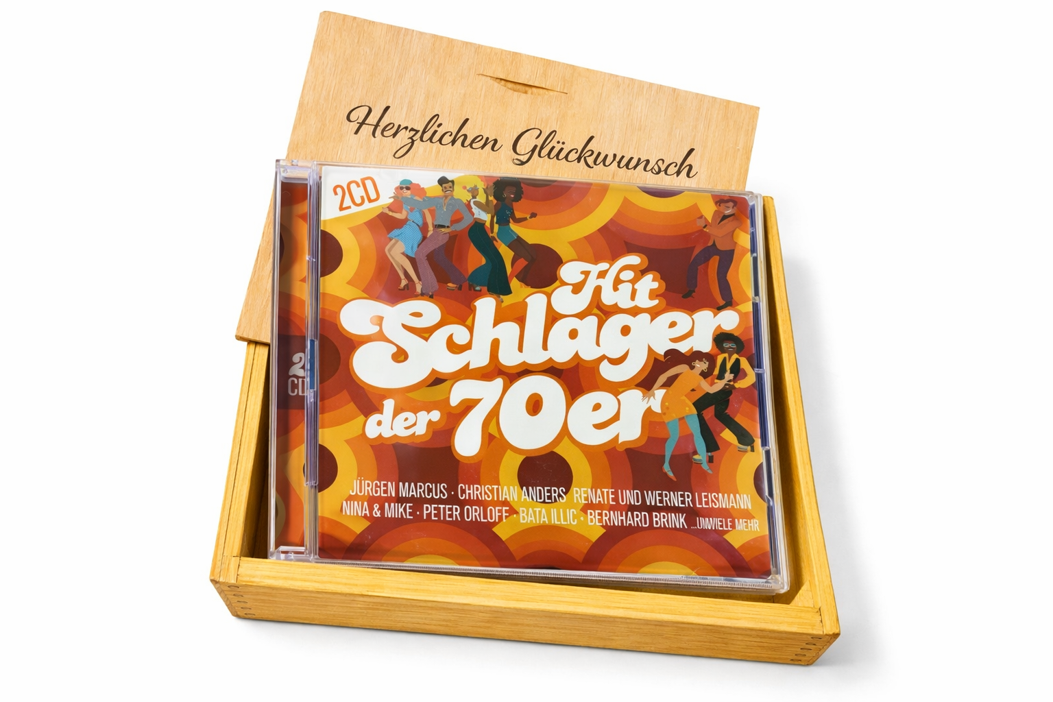 CD der 70er Jahre Schlager in Holzkiste mit Wunsch-Gravur