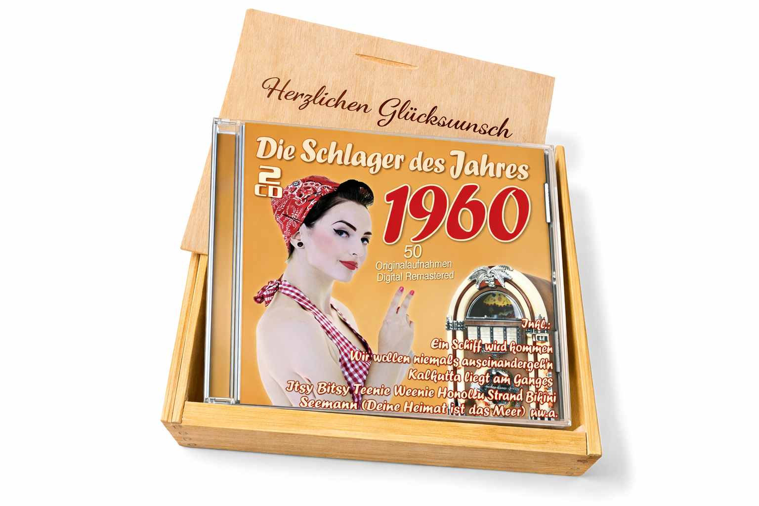 CD 1960 Schlager in Holzkiste mit Wunsch-Gravur