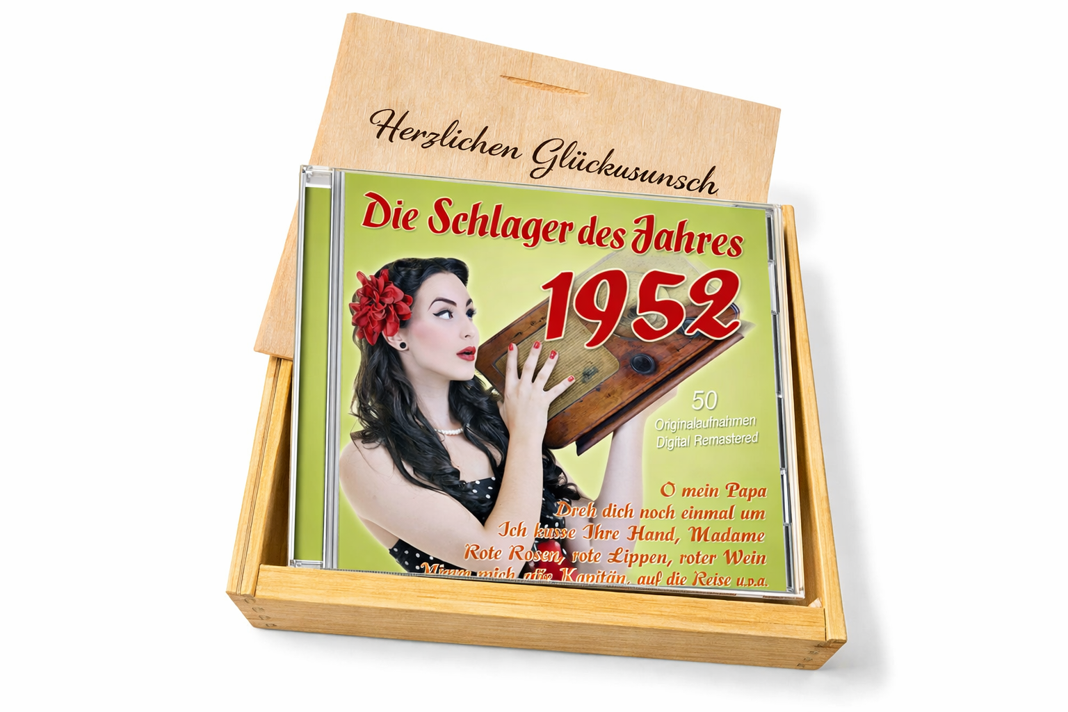 CD 1952 Schlager in Holzkiste mit Wunsch-Gravur
