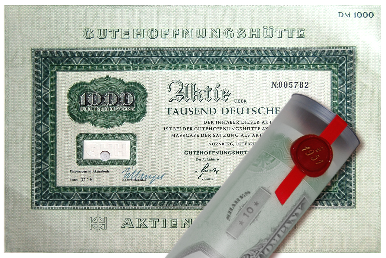 Aktie 1954 Gutehoffnungshütte in edler Geschenkrolle