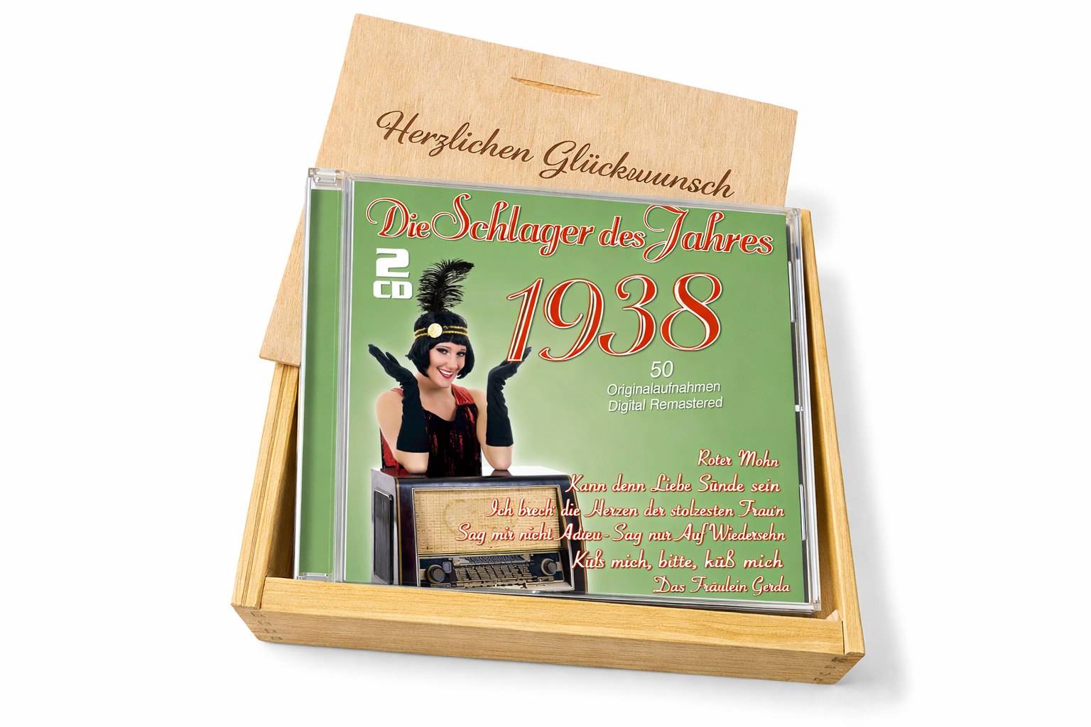 CD 1938 Schlager in Holzkiste mit Wunsch-Gravur