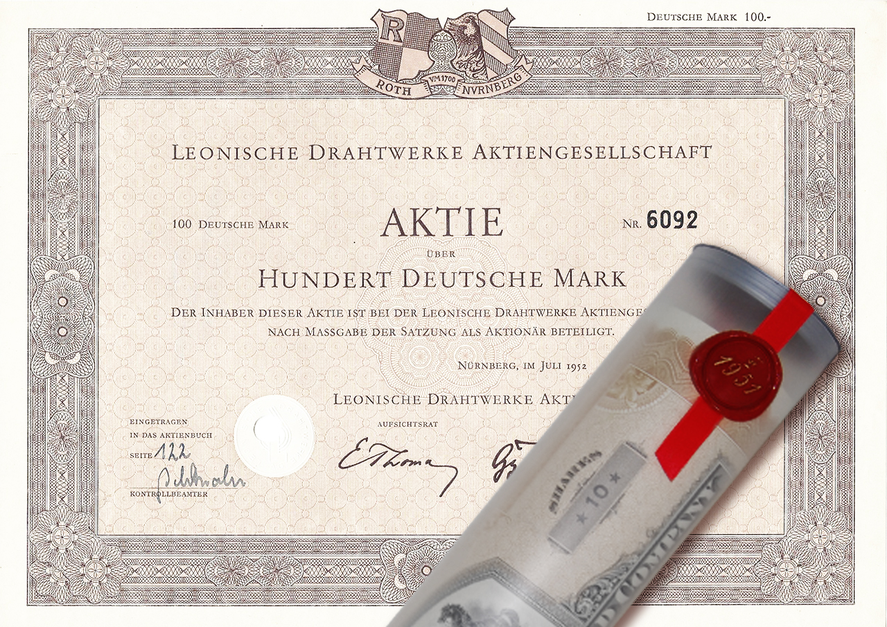Aktie 1952 Leonische Drahtwerke in Geschenkrolle