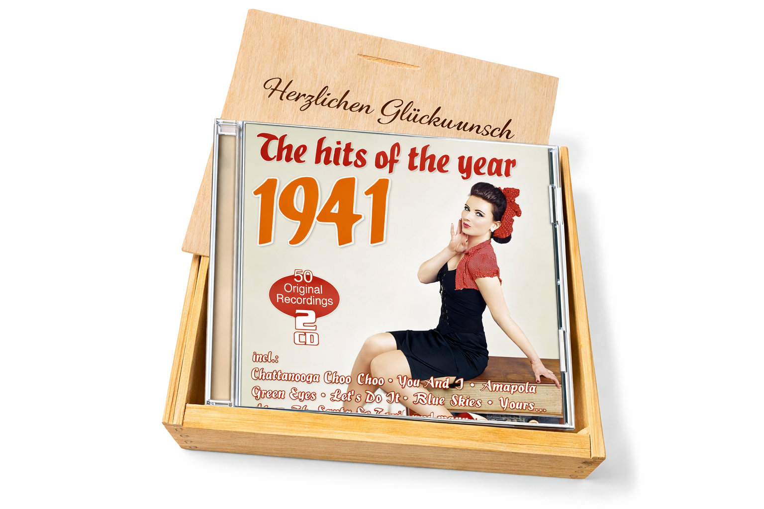 CD 1941 Musik Hits in Holzkiste mit Wunsch-Gravur