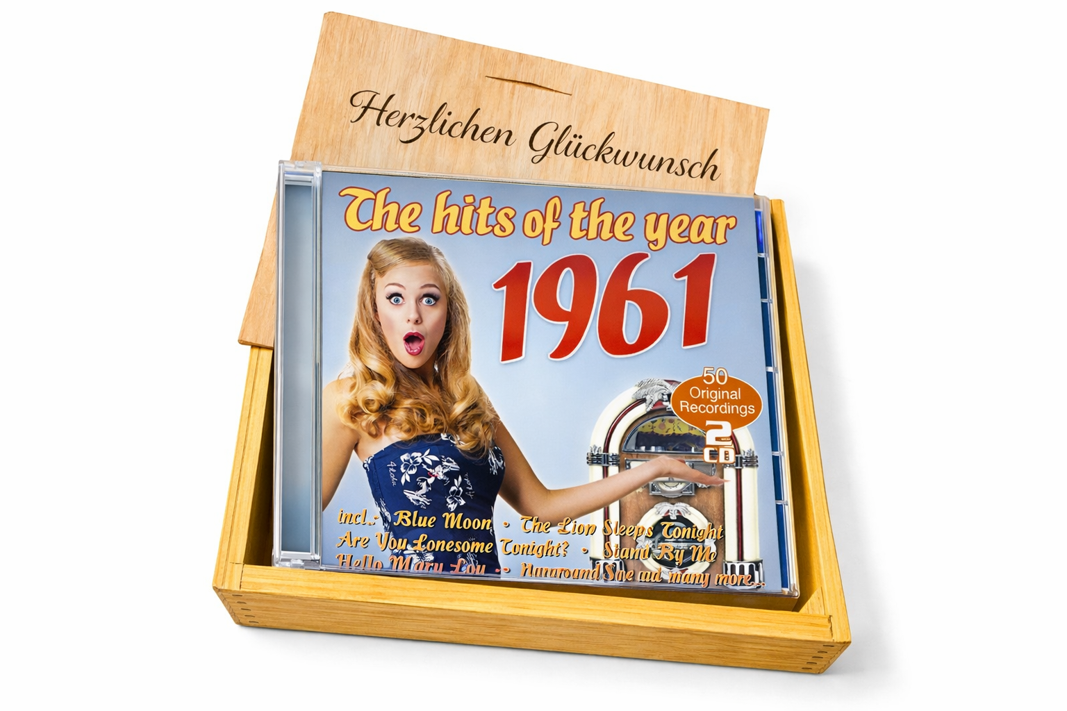 CD 1961 Musik Hits in Holzkiste mit Wunsch-Gravur