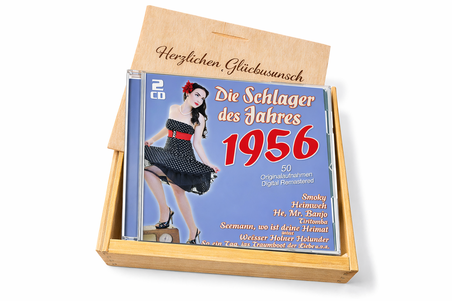 CD 1956 Schlager in Holzkiste mit Wunsch-Gravur