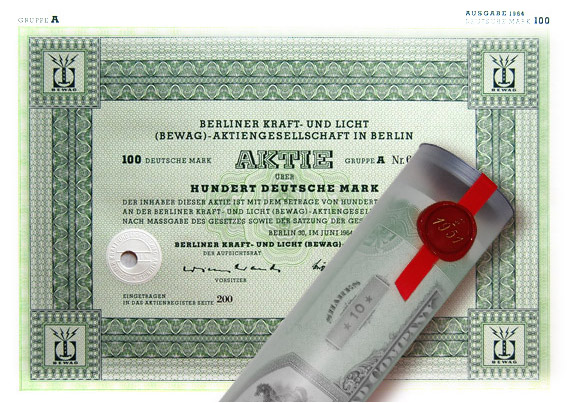 Aktie 1964 BERLINER KRAFT-LICHT in Geschenkrolle