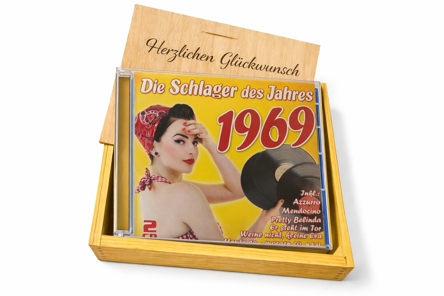 CD 1969 Schlager in Holzkiste mit Wunsch-Gravur