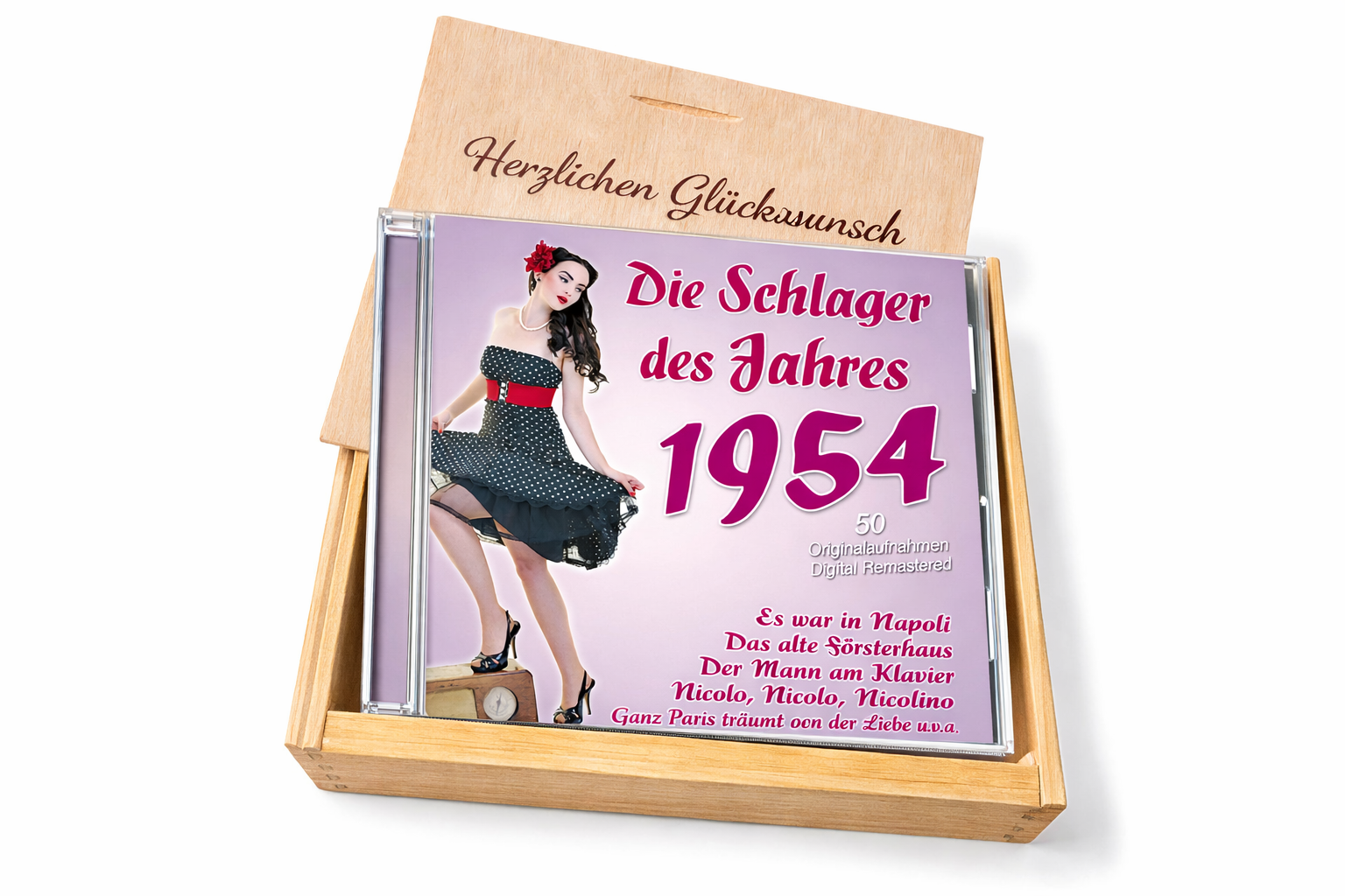 CD 1954 Schlager in Holzkiste mit Wunsch-Gravur