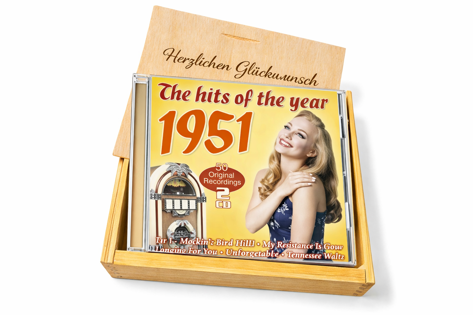 CD 1951 Musik Hits in Holzkiste mit Wunsch-Gravur