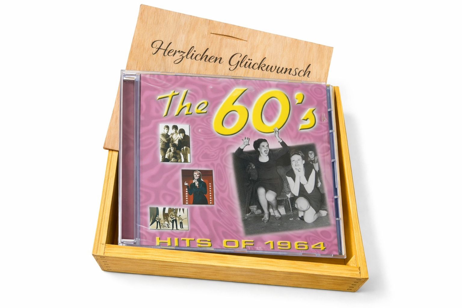 CD 1964 Musik Hits in Holzkiste mit Wunsch-Gravur