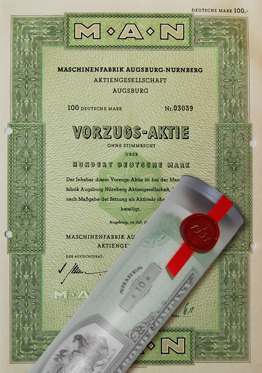 Aktie 1955 MASCHINENFABRIK MAN in Geschenkrolle