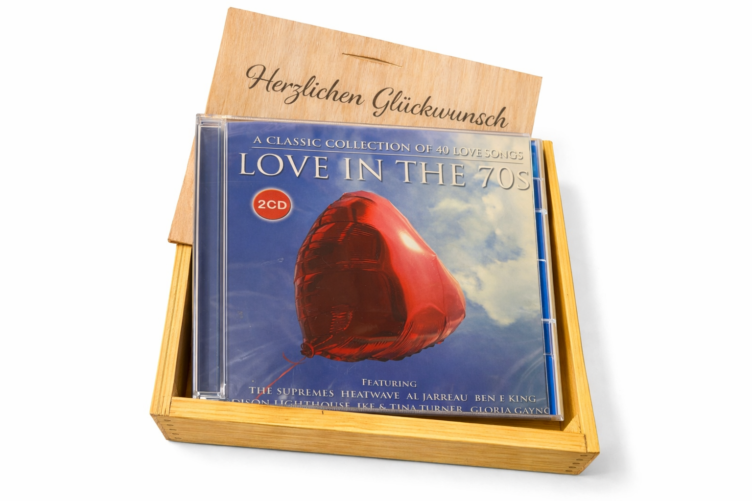 CD der 70er Jahre Love Songs Hits in Holzkiste mit Wunsch-Gravur