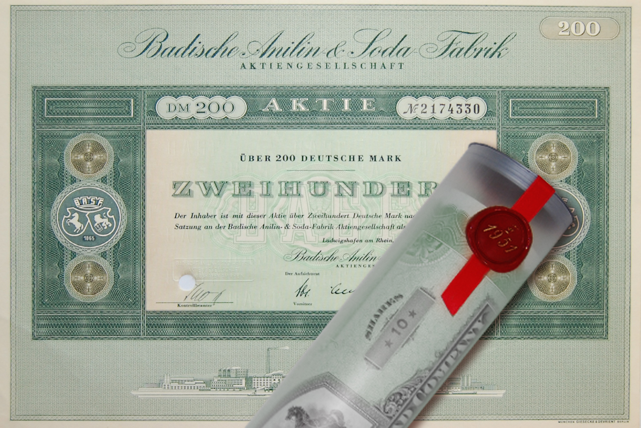 Aktie 1955 BADISCHE ANILIN SODA BASF in Geschenkrolle