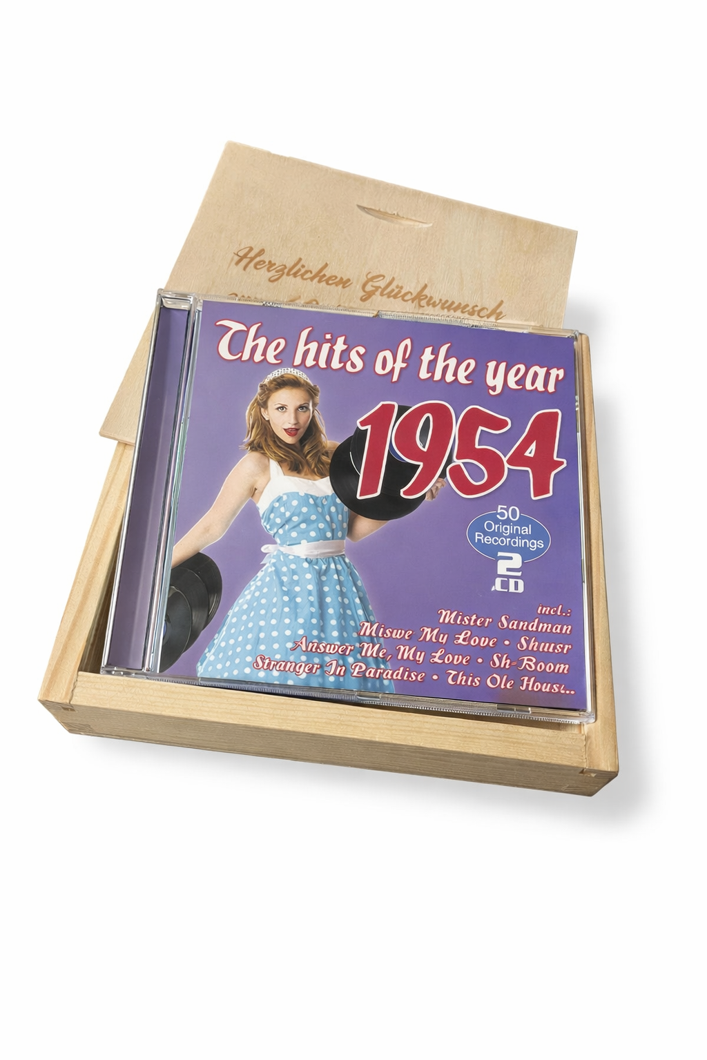 CD 1954 Musik Hits in Holzkiste mit Wunsch-Gravur