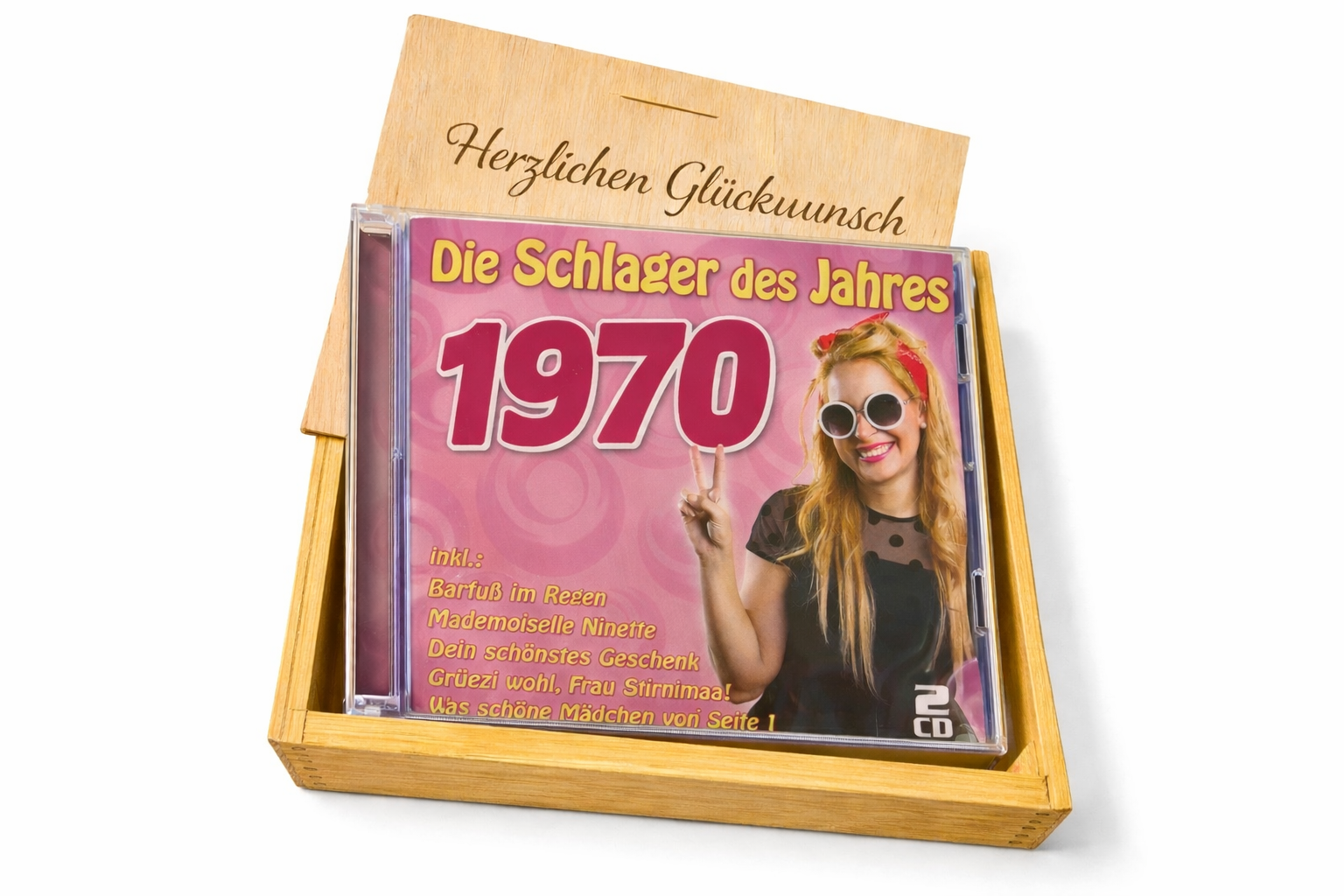 CD 1970 Schlager in Holzkiste mit Wunsch-Gravur