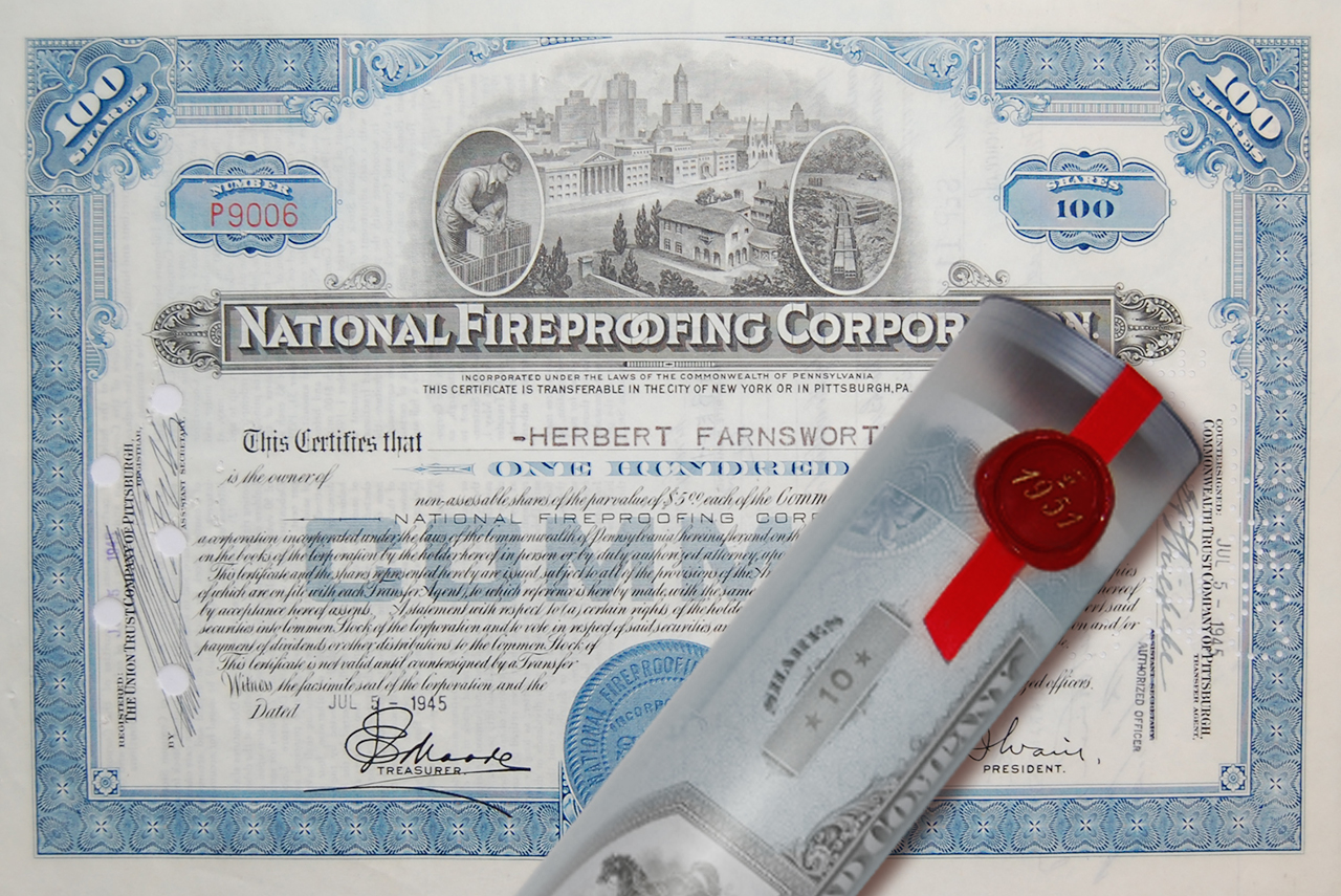 Aktie 1945 FIREPROOFING NATIONAL in Geschenkrolle