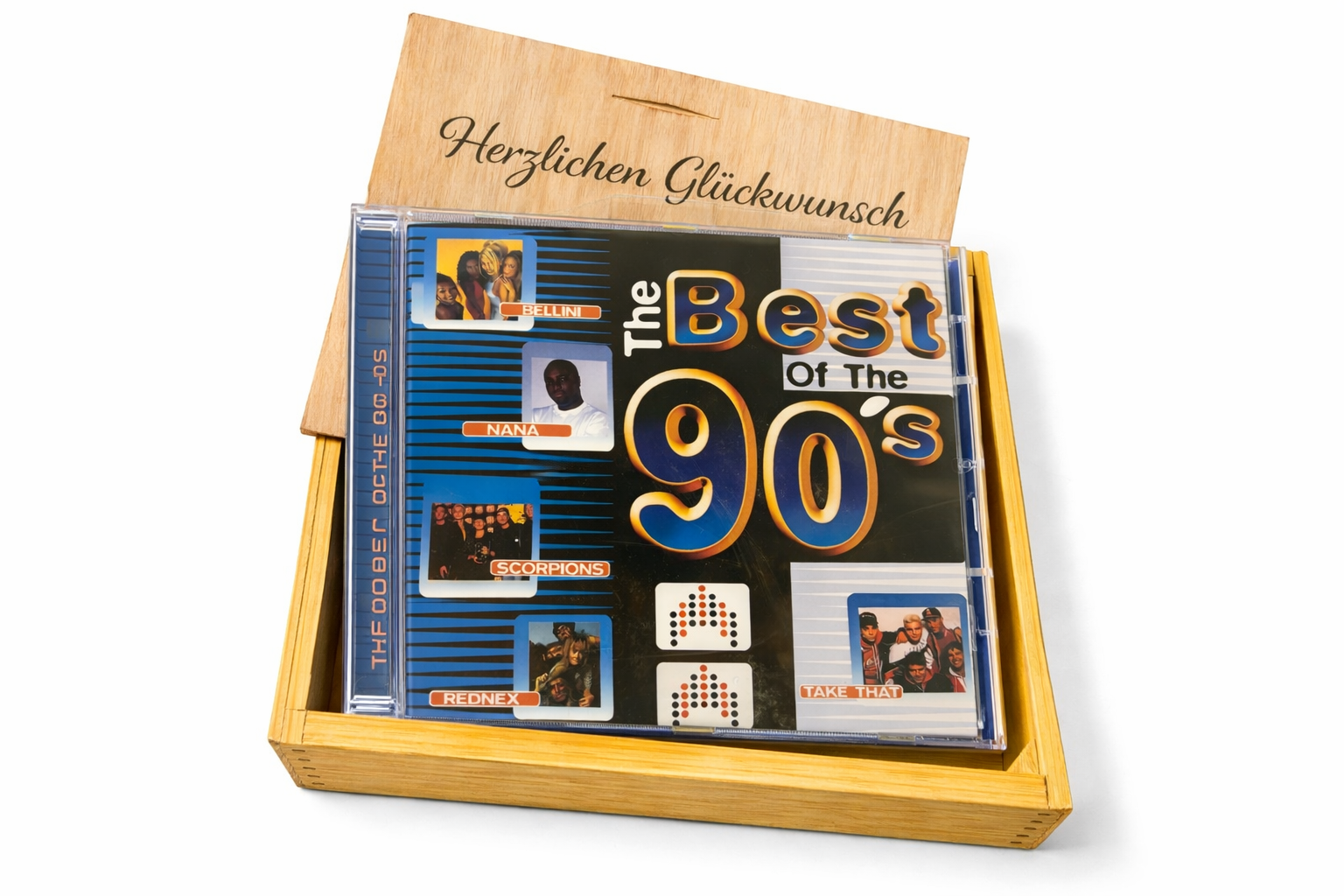 CD der 90er Jahre Musik Hits in Holzkiste mit Wunsch-Gravur