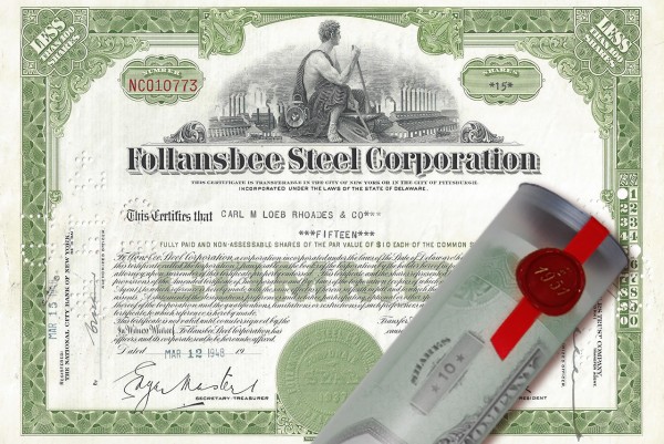 Aktie 1948 Follansbee Steel in edler Geschenkrolle