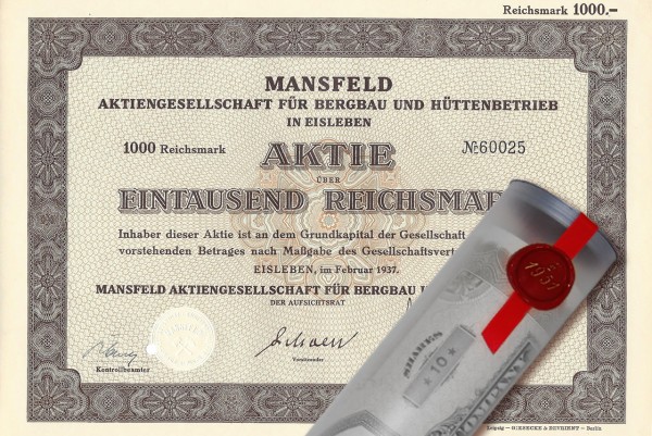 Aktie 1937 Mansfeld AG in edler Geschenkrolle